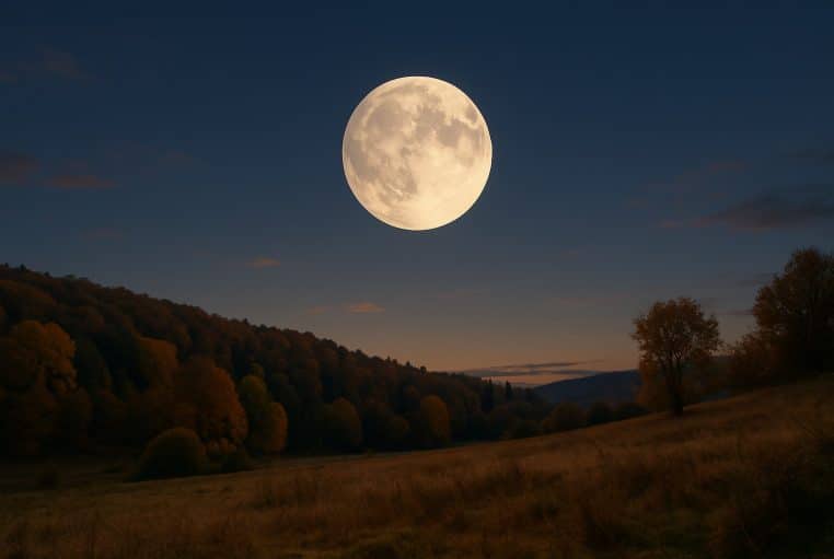 Pleine lune d’automne très lumineuse au-dessus d’un paysage vallonné, ciel bleu nuit et arbres aux couleurs chaudes.