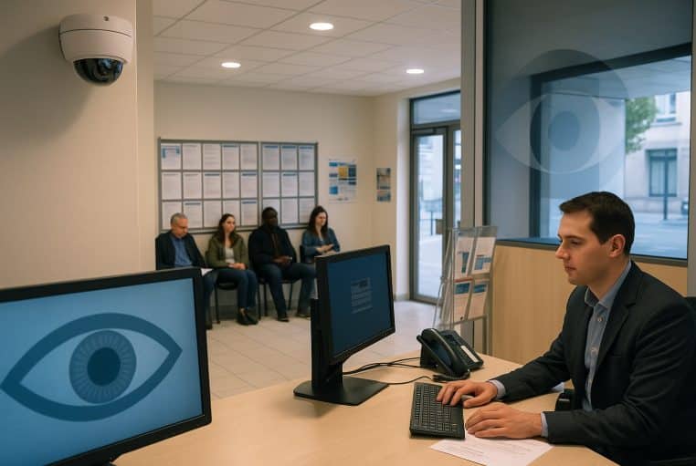 Intérieur d’une agence pour l’emploi, des demandeurs assis en attente tandis qu’un conseiller les observe via des écrans au symbole d’œil.