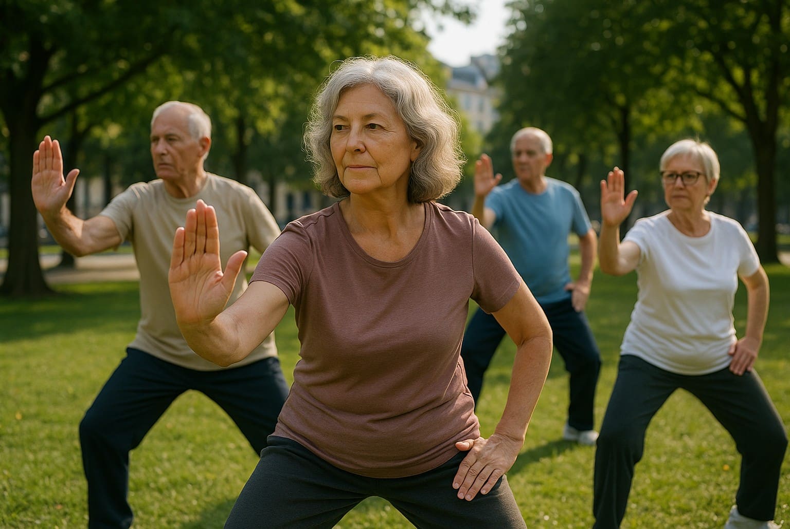 Quatre adultes de 60 à 75 ans pratiquent le tai-chi dans un parc, gestes lents et stables, arbres et immeubles flous en arrière-plan.
