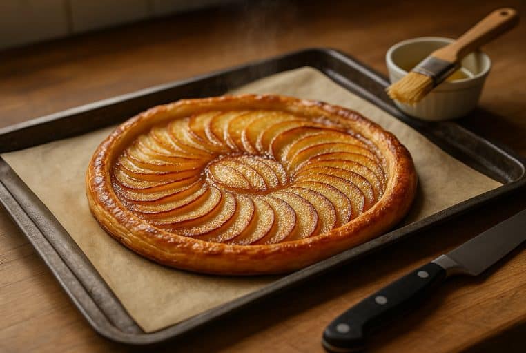Tarte aux pommes brillante, lamelles caramélisées en spirale sur plaque et papier sulfurisé, juste sortie du four.