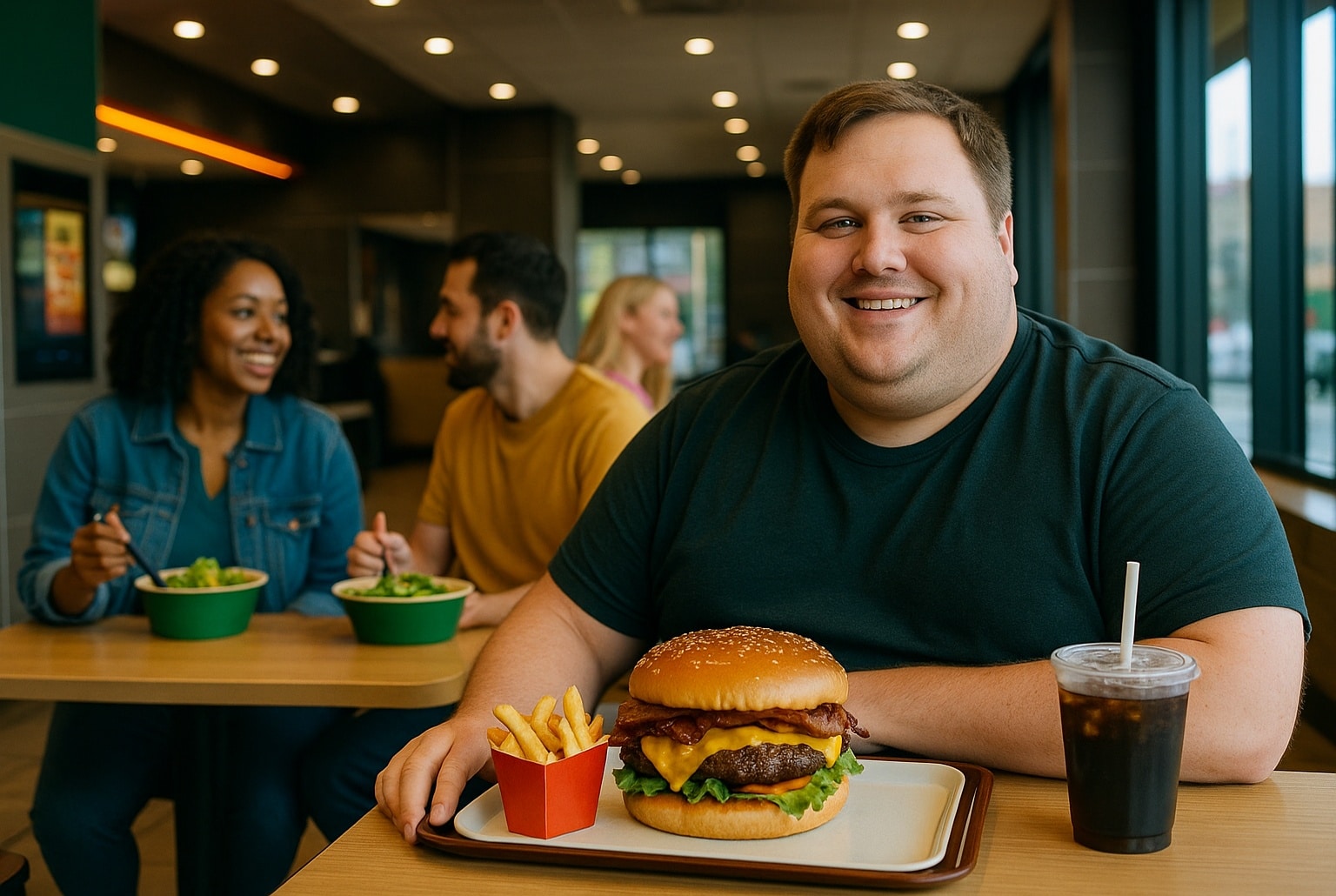 Homme en surpoids souriant devant un gros hamburger, des frites et un soda dans un fast-food lumineux, avec des amis mangeant en arrière-plan