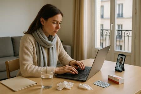 Salariée convalescente en télétravail à domicile, ordinateur portable ouvert, téléconsultation avec médecin visible sur smartphone.