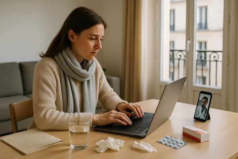 Salariée convalescente en télétravail à domicile, ordinateur portable ouvert, téléconsultation avec médecin visible sur smartphone.