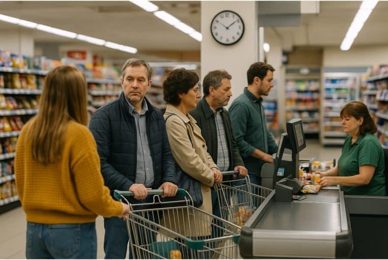 Clients alignés avec leurs chariots devant une caisse de supermarché, attendant leur tour sous l’horloge du magasin.