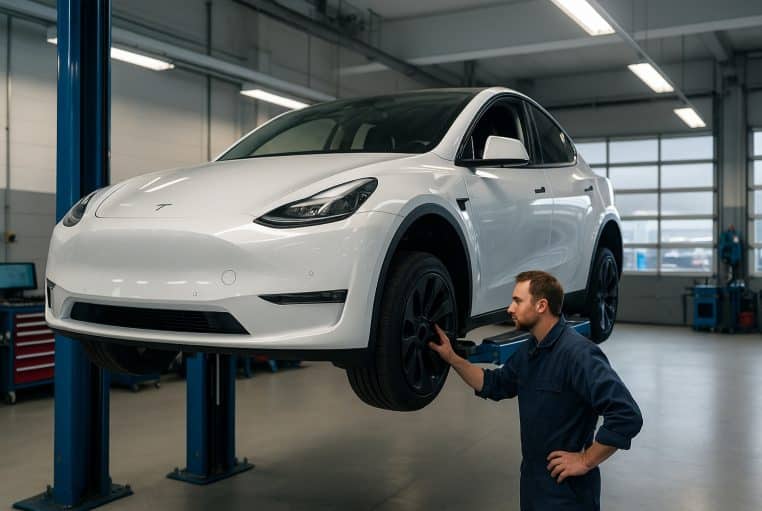 Tesla Model Y blanche sur un pont élévateur, un mécanicien inspecte la roue avant lors d’un contrôle technique en atelier