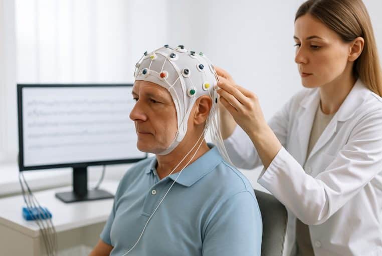 Homme âgé équipé d’un casque d’EEG en clinique, technicienne réglant les électrodes, moniteur montrant des tracés.