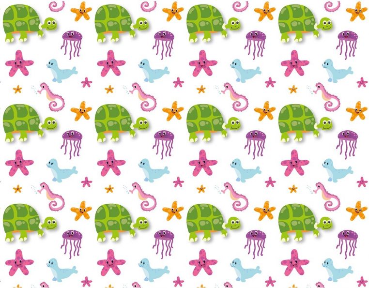 Illustration de tortues et d’autres animaux marins nageant dans une eau claire, avec un requin en arrière-plan.