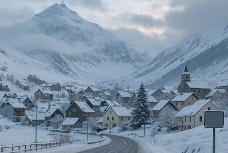 Vue réaliste de La Mongie au petit matin sous une chute récente, toits et route enneigés, Pic du Midi dans la brume au fond, ambiance hivernale douce.