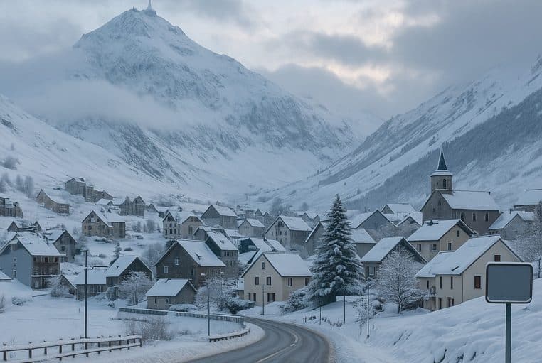 Vue réaliste de La Mongie au petit matin sous une chute récente, toits et route enneigés, Pic du Midi dans la brume au fond, ambiance hivernale douce.