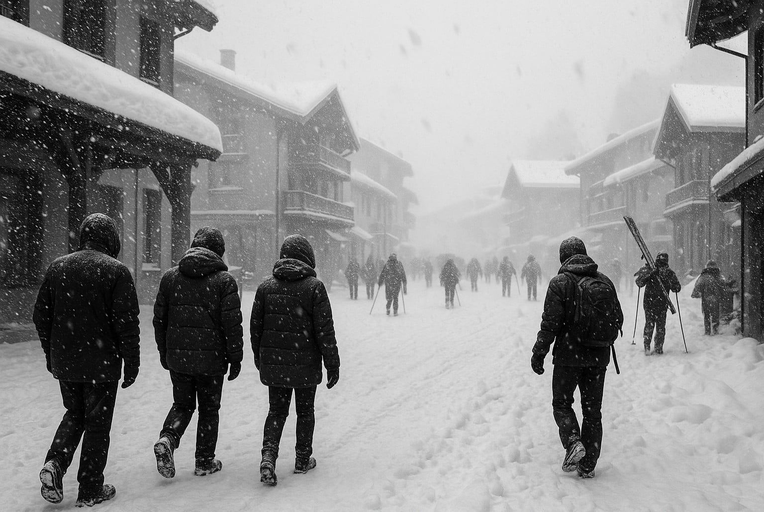 Rue d’une station de ski sous une forte chute de neige, des skieurs et piétons avancent dans la poudreuse épaisse.