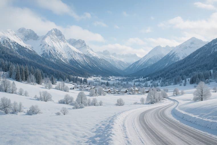 Vallée de montagne entièrement recouverte de neige avec route sinueuse menant à un village au pied de hauts sommets, sous un ciel d’hiver lumineux et légèrement nuageux.