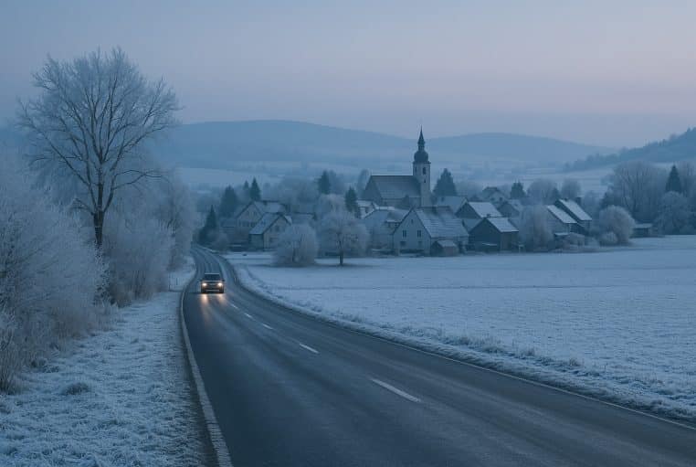 Route verglacée menant à un village européen au petit matin, arbres givrés et clocher sous un ciel bleu froid d’hiver.
