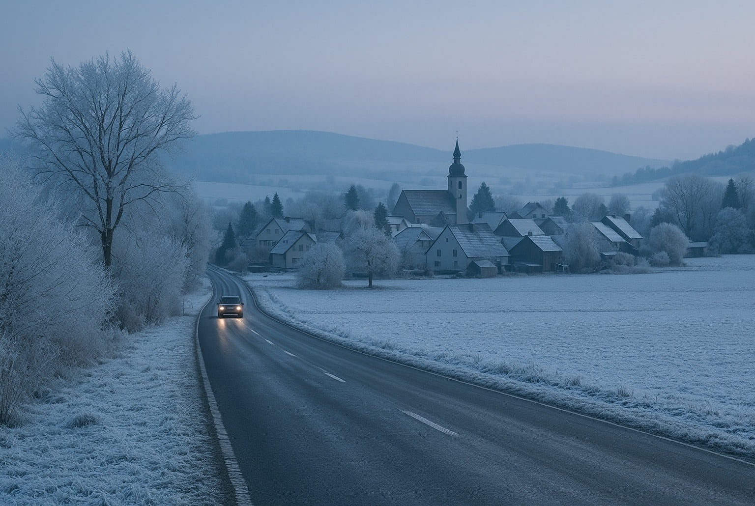 Route verglacée menant à un village européen au petit matin, arbres givrés et clocher sous un ciel bleu froid d’hiver.