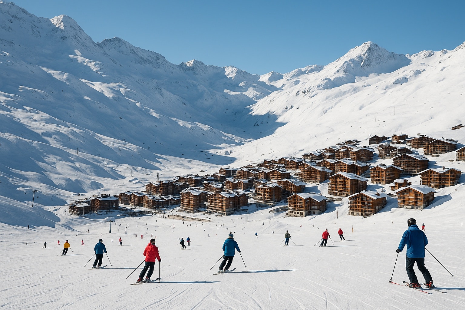 Panorama de Val Thorens en hiver, avec des skieurs sur une large piste menant aux chalets en bois de la station.