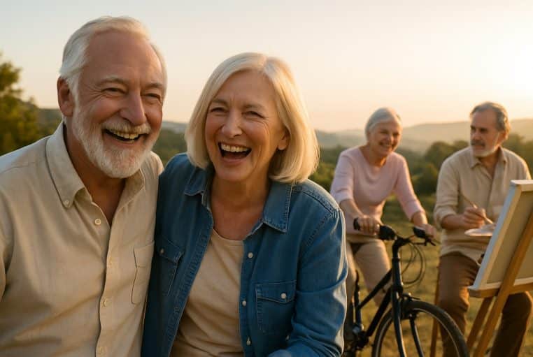 Quatre seniors souriants profitent d’une fin de journée en plein air, entre vélo, peinture et moments de franche complicité.