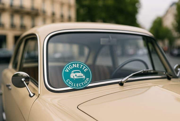Gros plan sur le pare-brise d’une voiture de collection beige, avec une vignette collection turquoise collée en bas à droite, dans une rue de centre-ville.