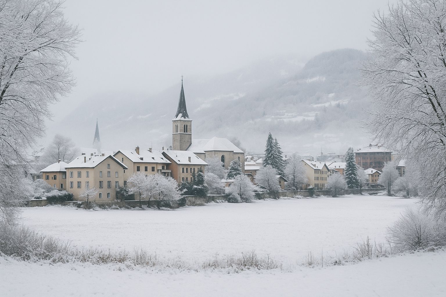 Village français en hiver recouvert de neige, clocher d’église et maisons entourés de champs blancs et d’arbres givrés.