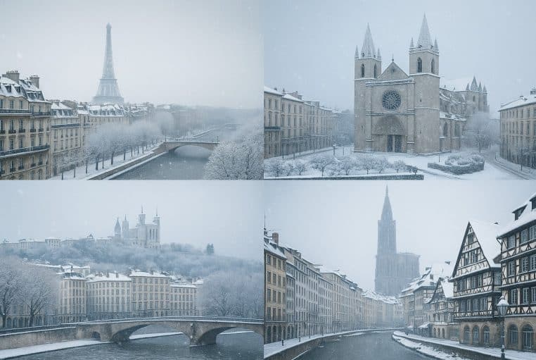 Montage de quatre grandes villes françaises dont Paris, Lyon et Strasbourg recouvertes de neige avec fleuve, ponts et monuments emblématiques