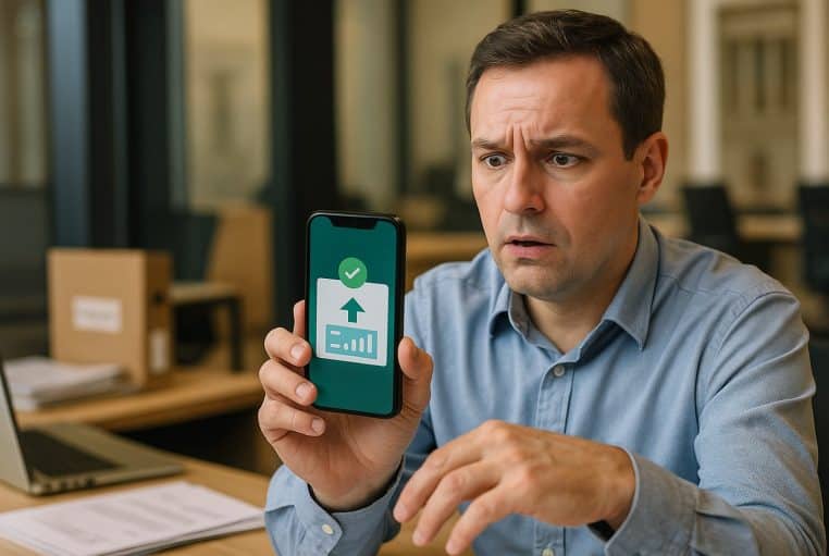 Homme de bureau stupéfait montrant sur son smartphone une alerte de virement validé, assis dans un open space lumineux.