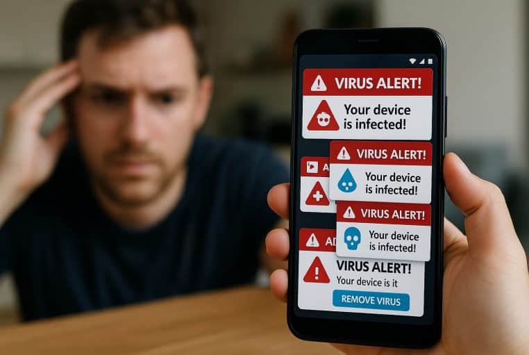 Smartphone tenu en gros plan affichant plusieurs alertes de virus rouges, devant un homme inquiet et flou en arrière plan, symbolisant une infection par adware.