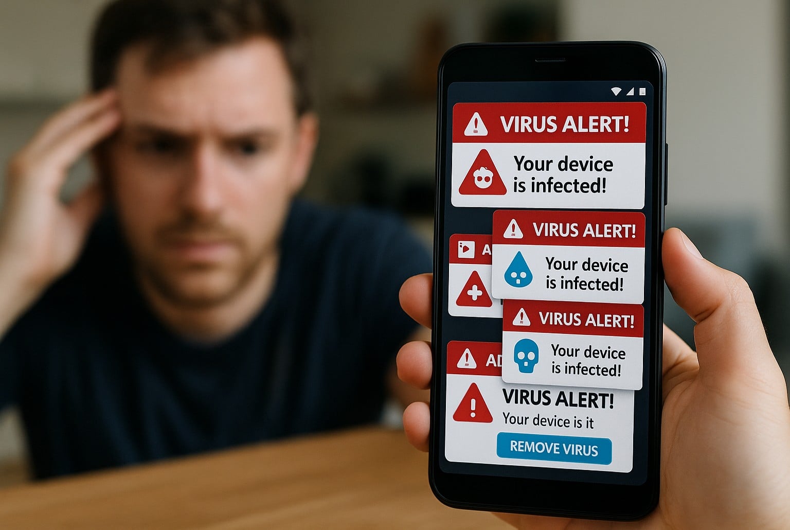 Smartphone tenu en gros plan affichant plusieurs alertes de virus rouges, devant un homme inquiet et flou en arrière plan, symbolisant une infection par adware.