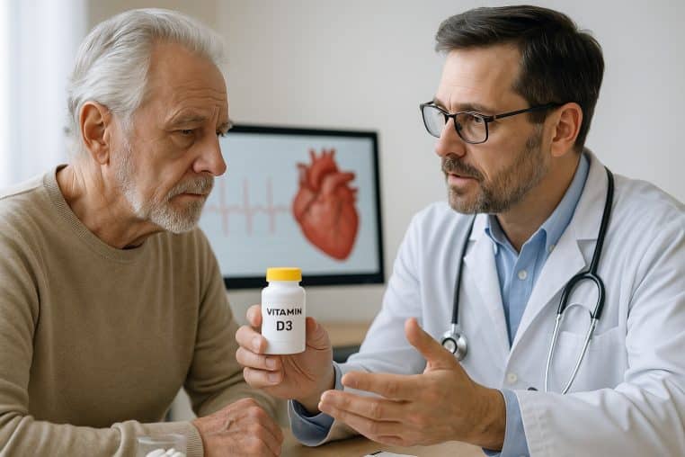 Médecin expliquant à un patient âgé l’intérêt d’une supplémentation en vitamine D3 pour le cœur, flacon en main dans son cabinet
