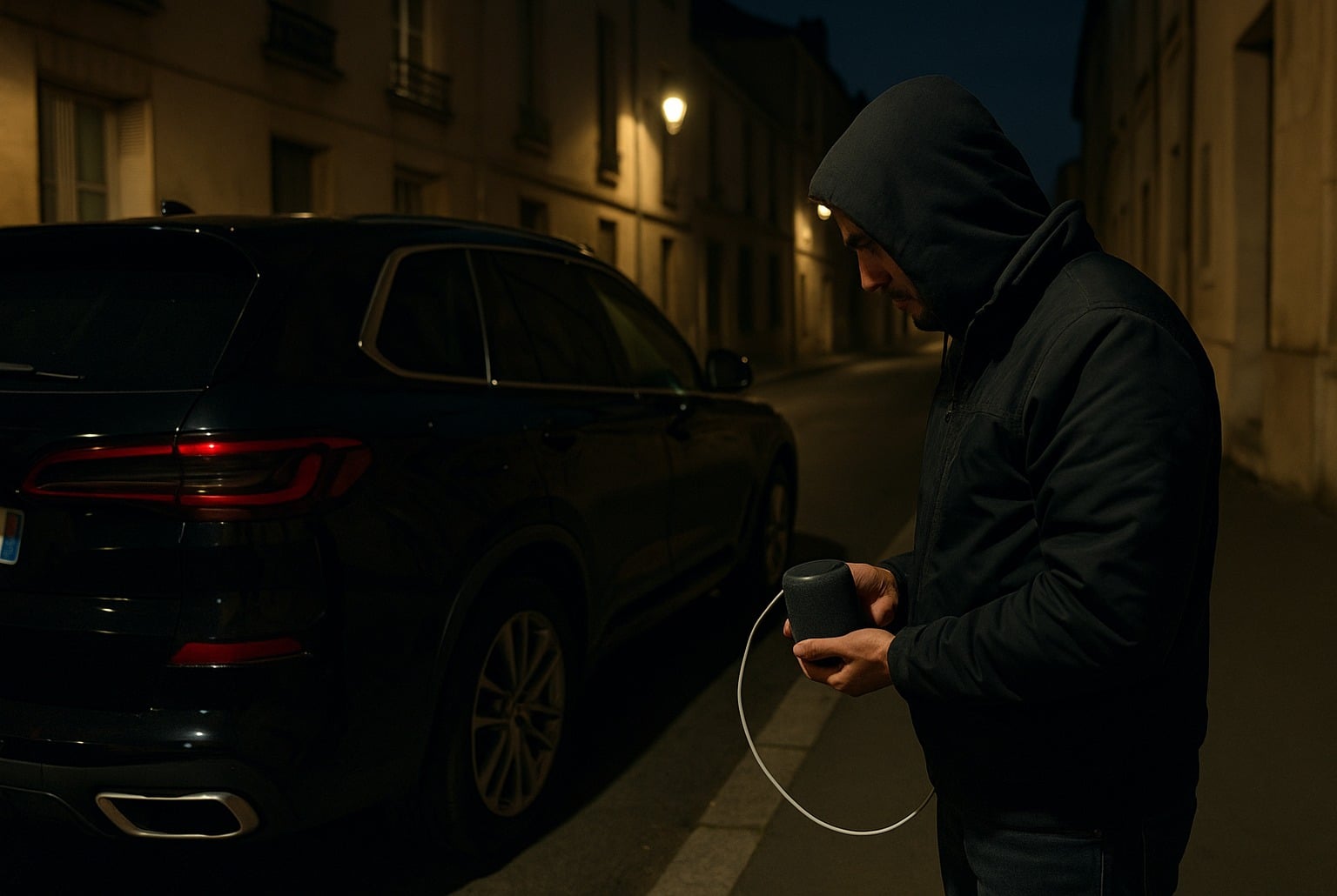 De nuit, un homme à capuche manipule une enceinte connectée pour ouvrir un SUV noir, dans une rue calme éclairée par des lampadaires.