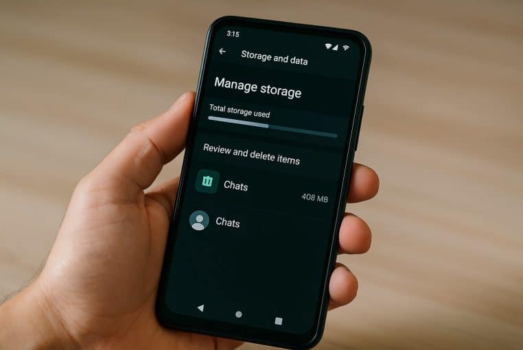 Main tenant un smartphone Android avec l’écran « Gérer le stockage » de WhatsApp et la jauge d’espace utilisée en gros plan.