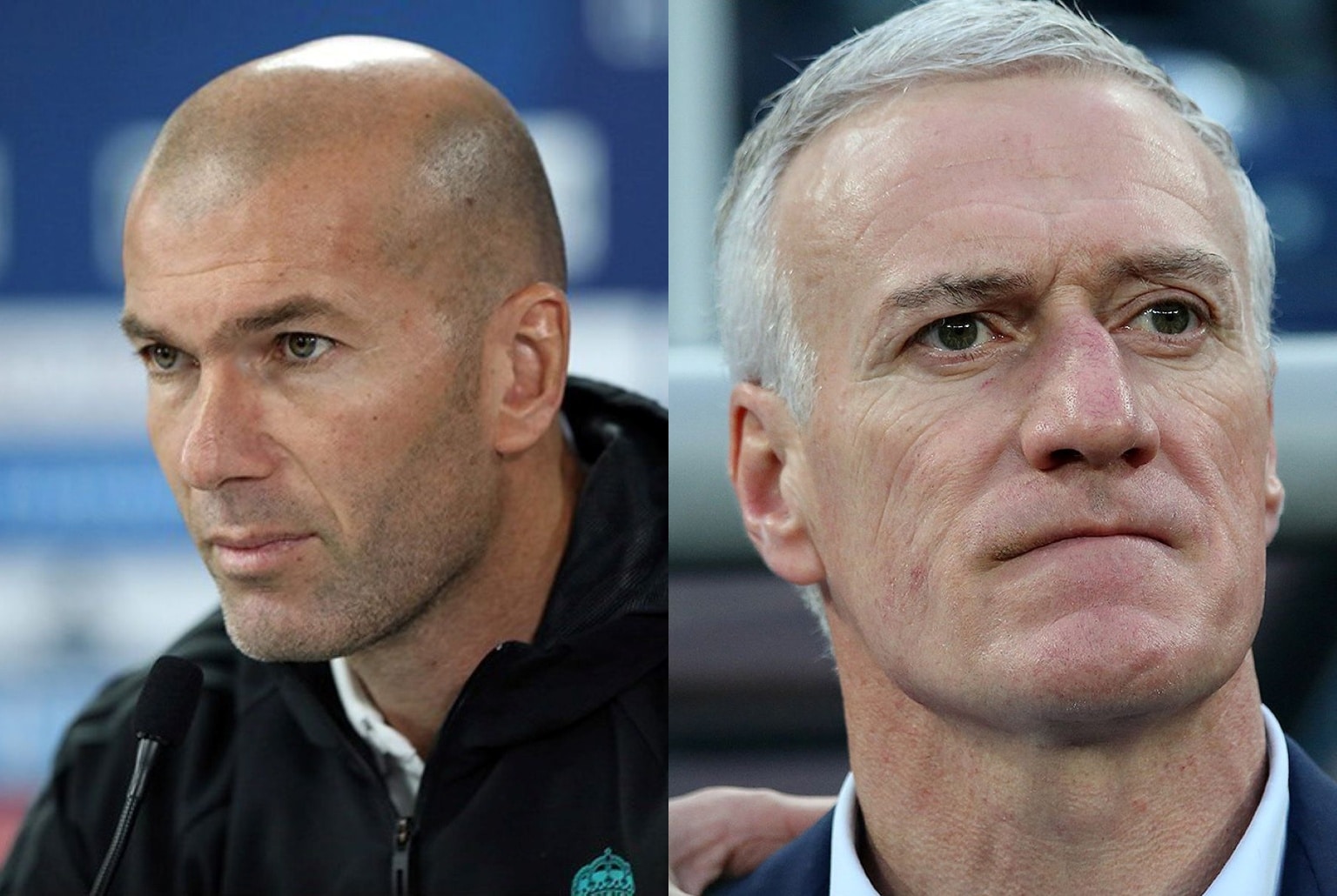 Montage de Zinédine Zidane en conférence de presse au Real Madrid et de Didier Deschamps debout avec l’équipe de France.