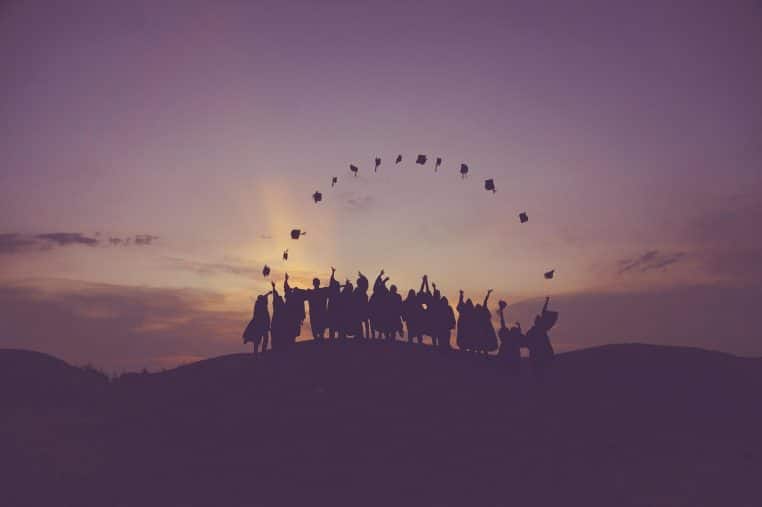 dawn, nature, graduates, throwing hats, dusk, people, silhouette, students, success, sunrise, sunset