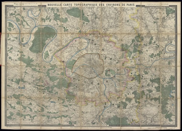 Carte topographique ancienne des environs de Paris issue de plans du cadastre, montrant quartiers et limites.