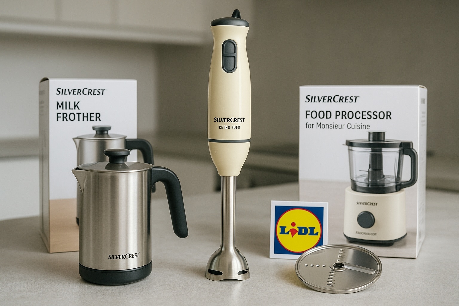 Trois appareils Silvercrest sur plan de travail, logo Lidl visible : mousseur, mixeur plongeant et hachoir