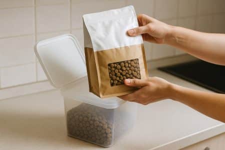 Mains plaçant un sac de croquettes dans un bac hermétique transparent, sur un plan de travail de cuisine.