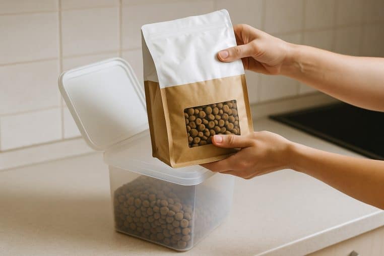 Mains plaçant un sac de croquettes dans un bac hermétique transparent, sur un plan de travail de cuisine.