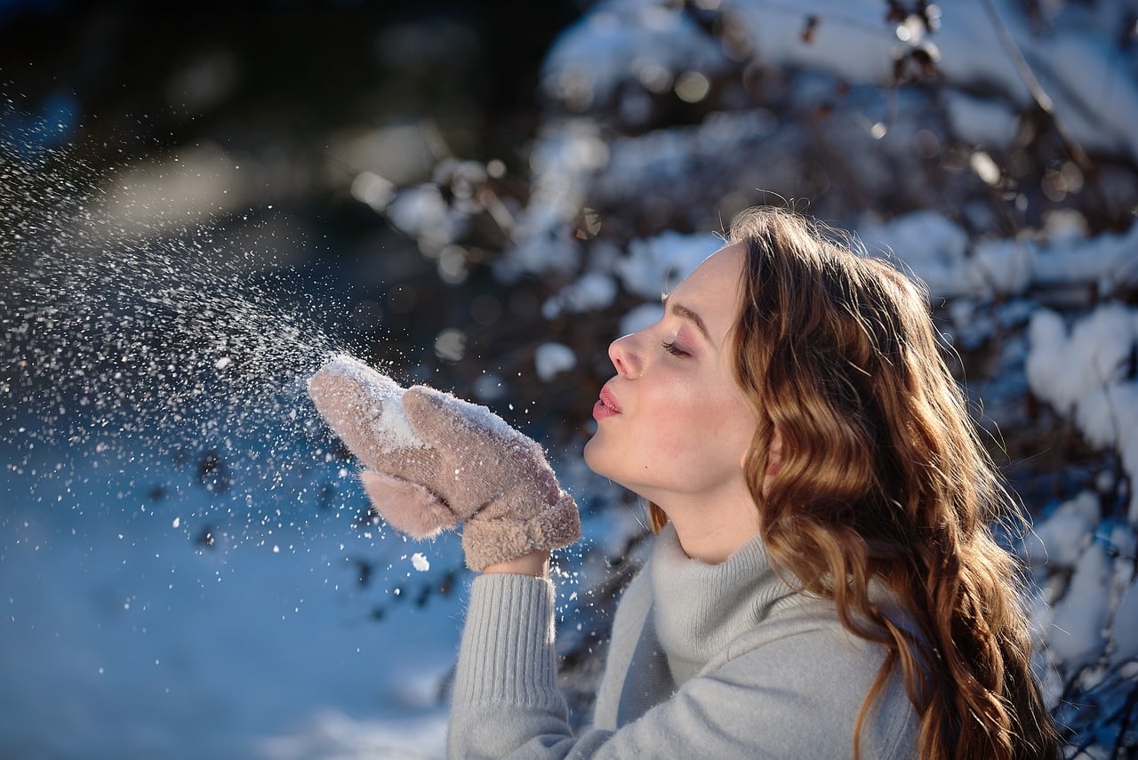 girl, snow, blow, winter, woman, cold, sunlight, happy, enjoyment, happiness, outdoors, nature, portrait