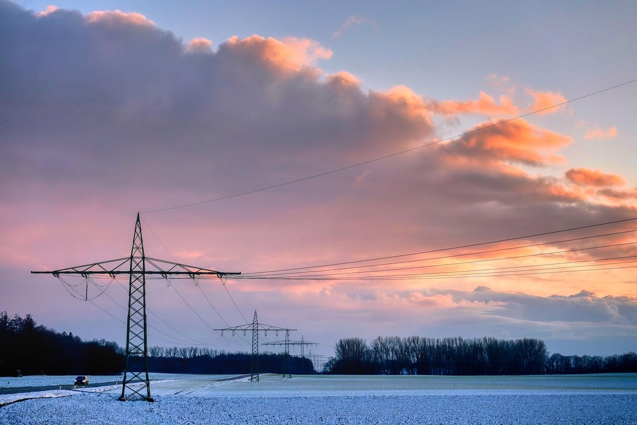 field, high voltage pylons, overhead lines, sunset, snow, winter, clouds, horizon, trees, bavaria, germany, landscape, cold, electricity, nature, energy