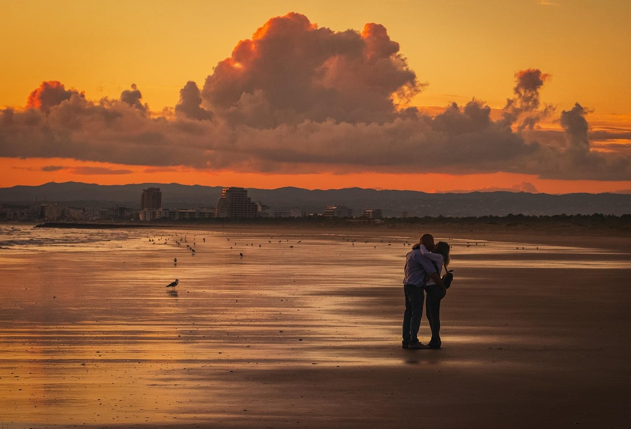 couple, lovers, beach, sunset, love, horizon, nature, kiss