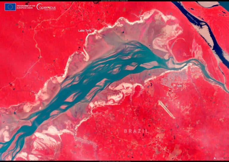 Image satellite montrant le lac Tefé réduit par la sécheresse, avec d’importantes zones de berges asséchées en Amazonie.
