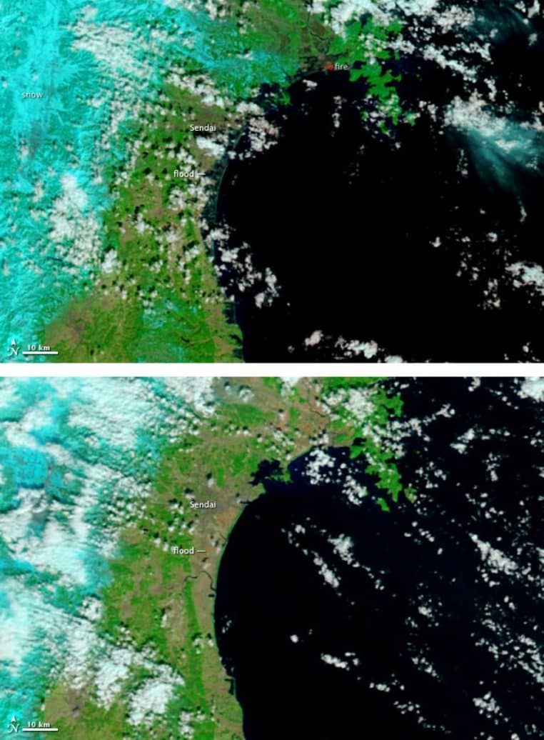 Comparaison en deux images satellite de la région de Sendai avant et après un tsunami, avec de larges zones côtières inondées.