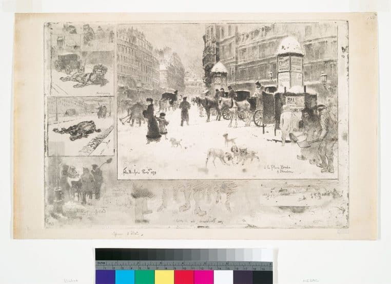 Rue parisienne animée sous la neige, passants emmitouflés et fiacres avançant lentement devant des immeubles du XIXe siècle.