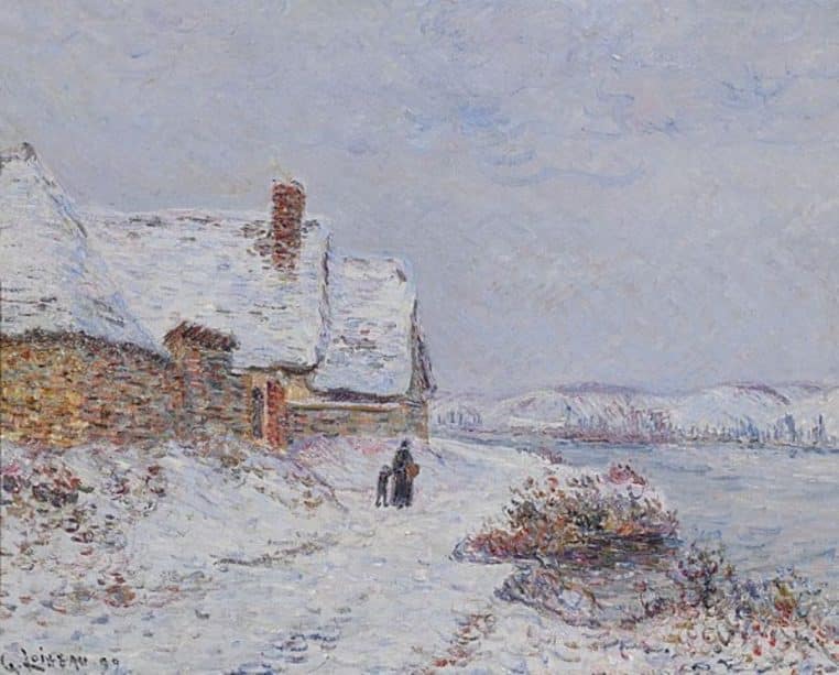 Maisons et arbres enneigés bordant la Seine, silhouettes emmitouflées marchant sur un chemin blanc sous un ciel d’hiver gris.