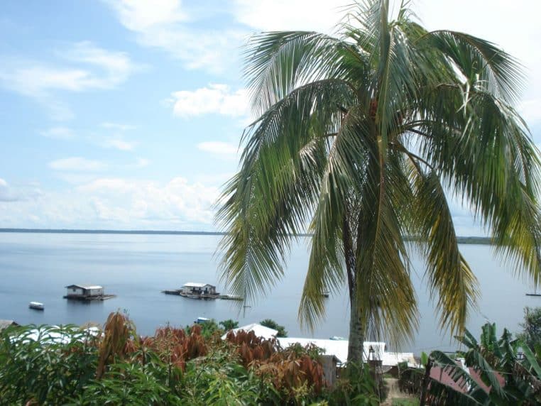 Large vue du lac Tefé bordé d’arbres et de collines, sous un ciel nuageux, dans une région isolée de l’Amazonie brésilienne.