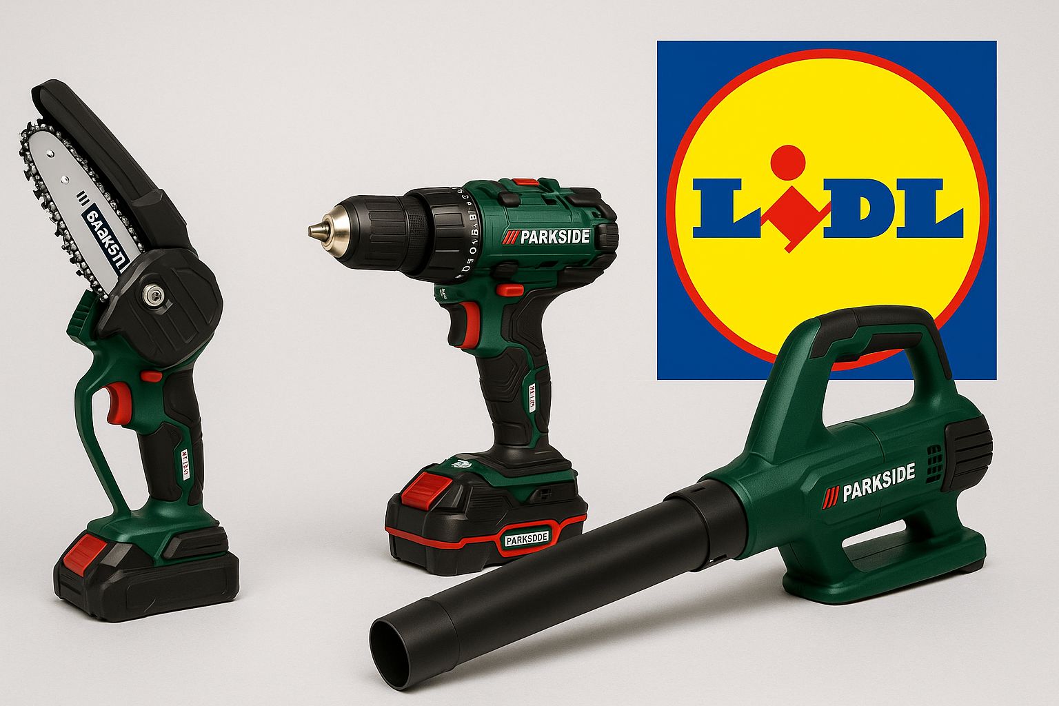 Trois outils électroportatifs Parkside alignés sur fond clair avec le logo Lidl parfaitement visible en arrière-plan à droite