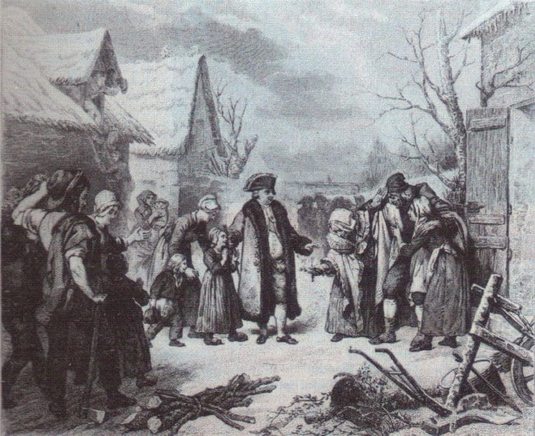 Louis XVI distribue des pièces à des pauvres en manteaux sombres, dans la neige, devant le château de Versailles.