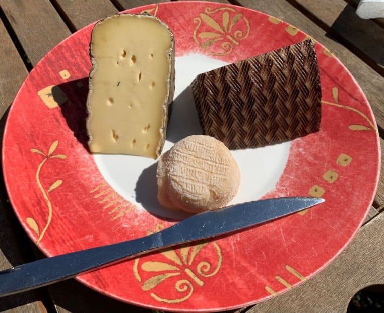 Plateau de fromages sur assiette, parts variées et couteau, photo en extérieur à la lumière du jour.