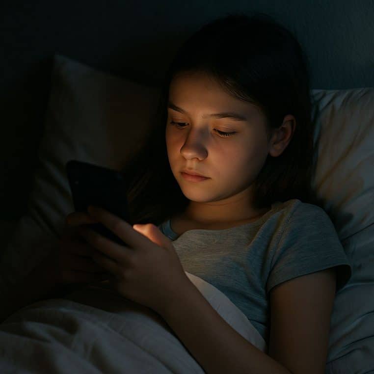 Jeune fille au lit utilisant son smartphone dans la pénombre, rappelant l’importance d’éteindre complètement l’appareil avant de dormir