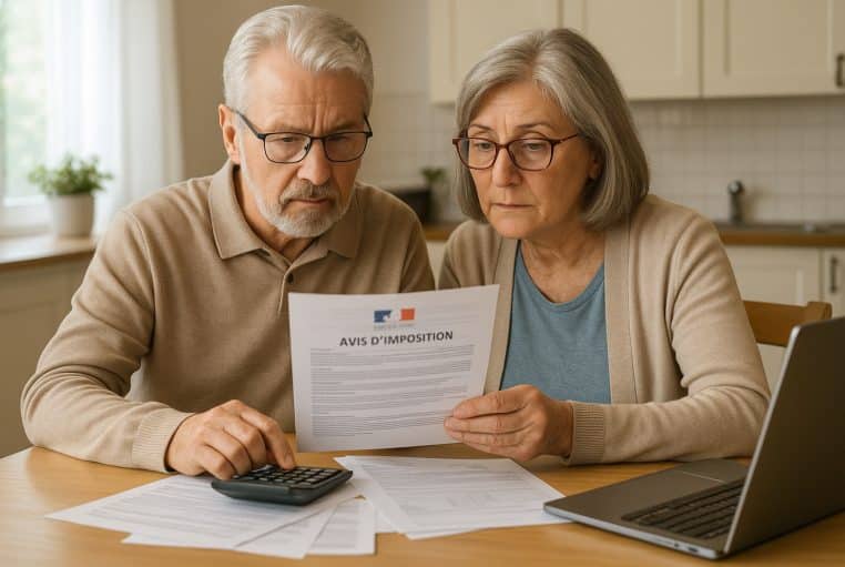Couple de retraités français examinant un avis d’imposition et leurs documents fiscaux à la table de la cuisine avec une calculatrice et un ordinateur.