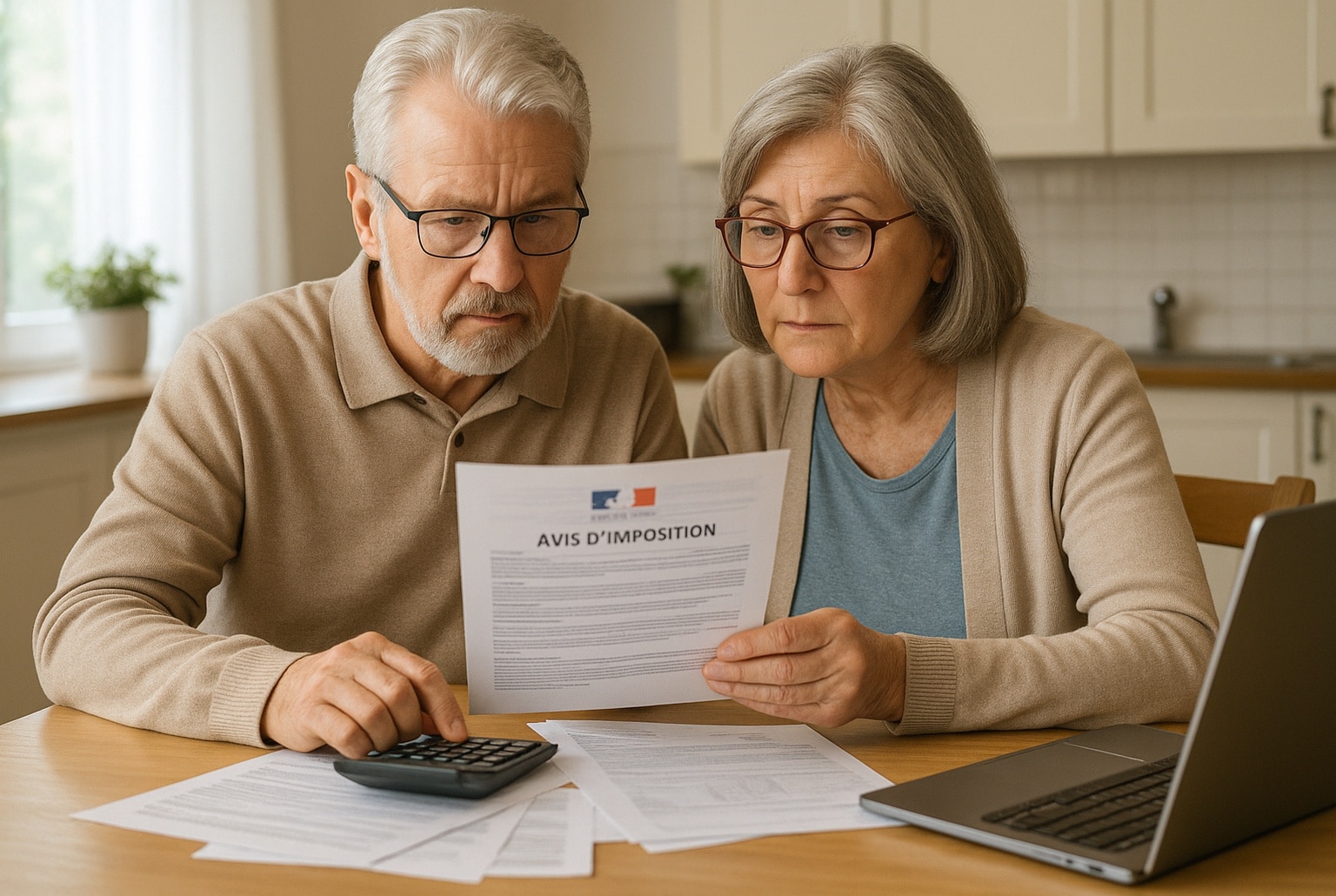 Couple de retraités français examinant un avis d’imposition et leurs documents fiscaux à la table de la cuisine avec une calculatrice et un ordinateur.