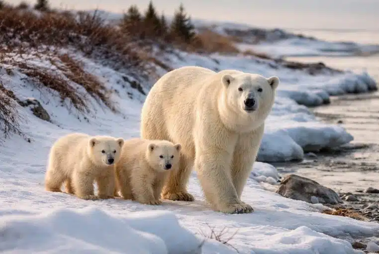 Une ourse polaire et deux oursons marchent sur une berge enneigée près de Churchill, au Canada.