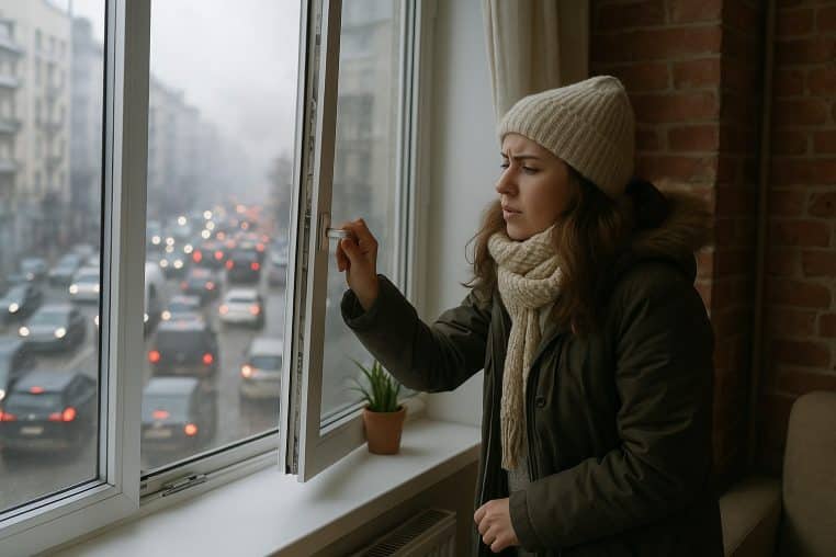 Jeune femme en manteau et bonnet d’hiver hésitant à ouvrir une fenêtre donnant sur une rue urbaine saturée de circulation.